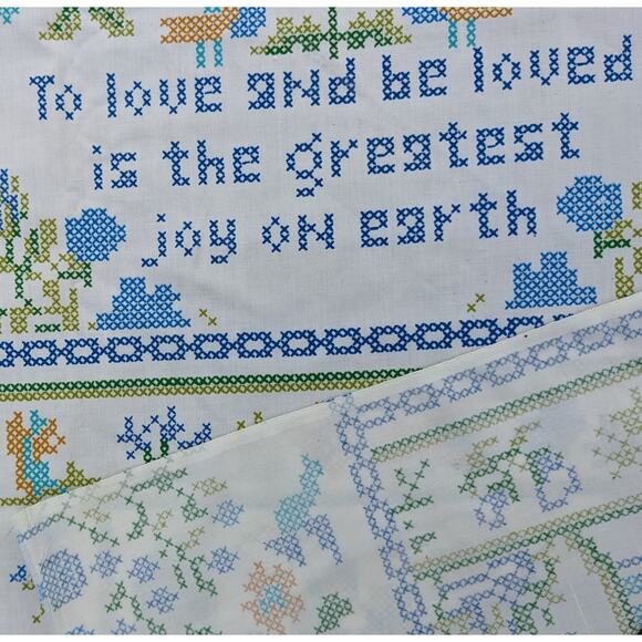 2.75 YDS Vintage 1970's FAUX CROSS-STITCH FABRIC "Home Sweet Home" Cotton Blend - Picture 7 of 10